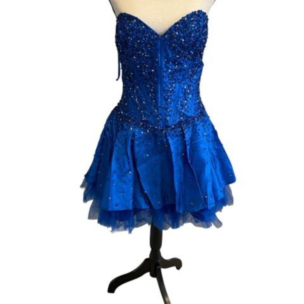 May Queen Royal Blue Beaded Strapless Short Cocktail Satin Dress